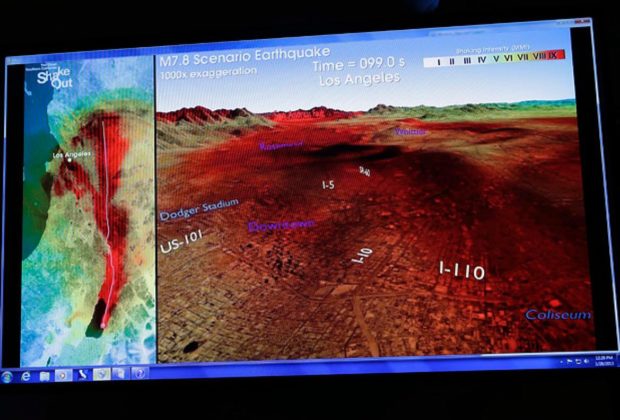 Used in a presentation to promote a new California measure to fund an $80 million early warning system, this graphic shows the progression of earthquake shockwaves along the Andreas Fault, from the Salton Sea to downtown Los Angeles. (REED SAXON/AP)