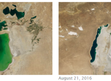 NASA's comparison of the Aral Sea in 2000 and in 2016.